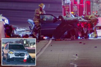 Horrific wrong-way crash in California kills one and leaves car a mangled wreck on 405 Freeway