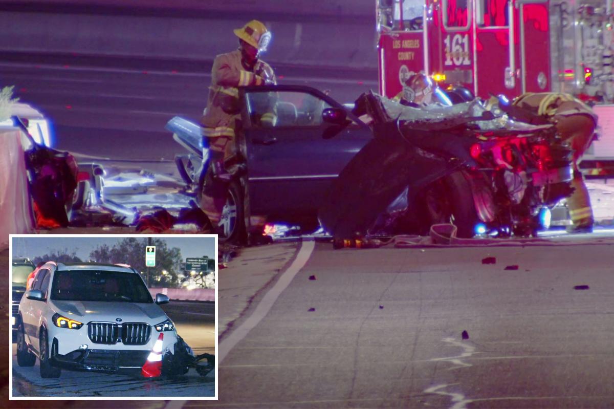 Horrific wrong-way crash in California kills one and leaves car a mangled wreck on 405 Freeway