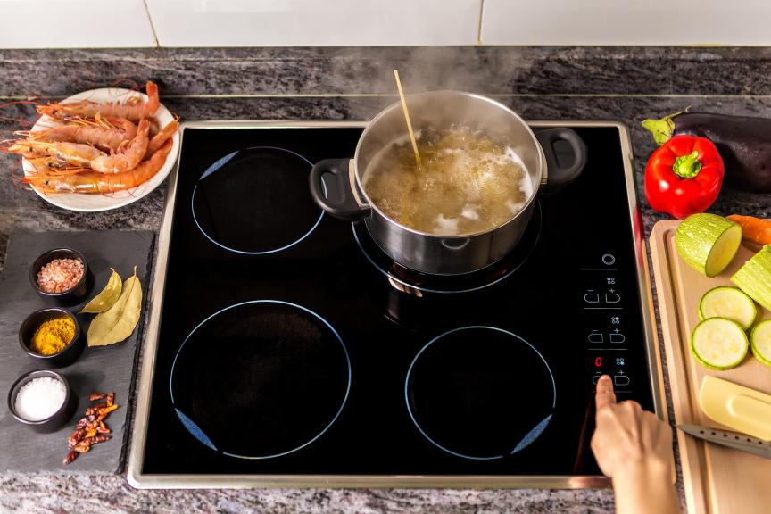 Induction stove with pot of boiling water.