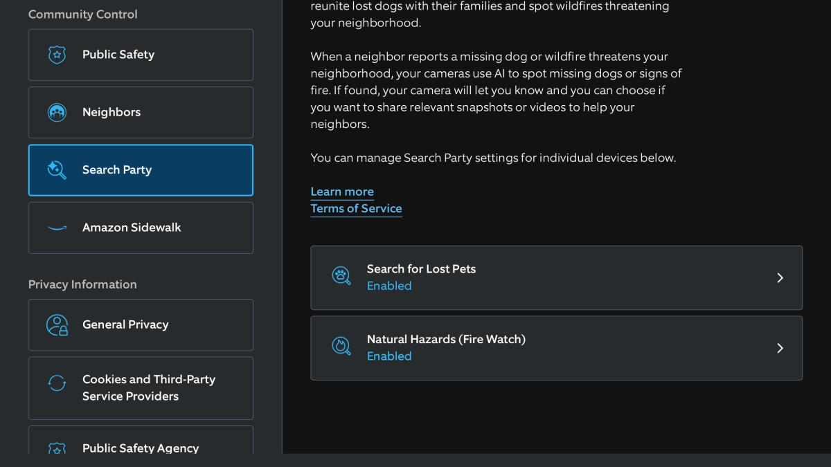 Ring settings showing Search Party.