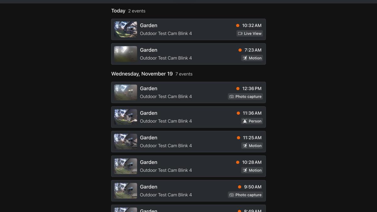Blink's app showing a camera history of recorded events.