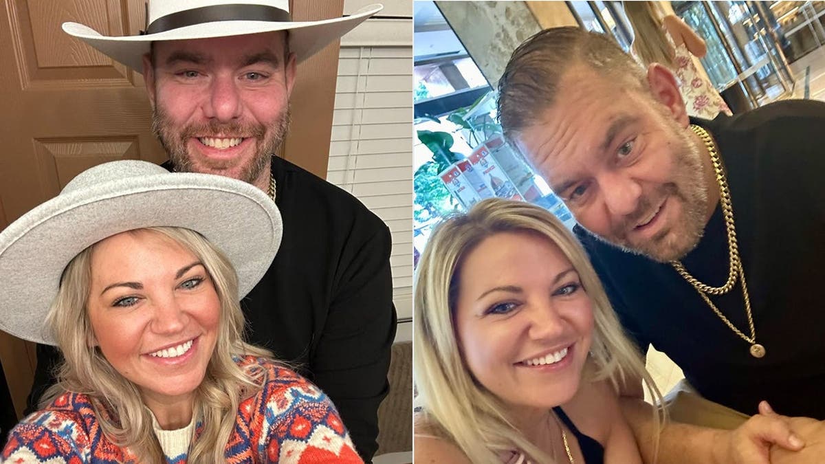 photo shows split image of two different photos of Alexandra with her husband