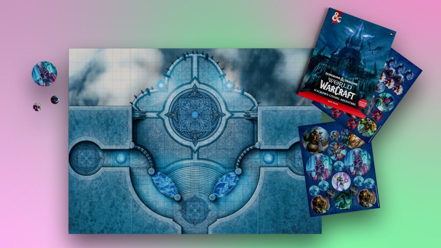 A set of products in the Icecrown Citadel adventure pack: a book, maps and character tokens.