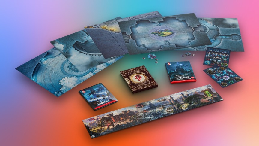 A set of books, maps, tokens and other products laid out against a colorful background.
