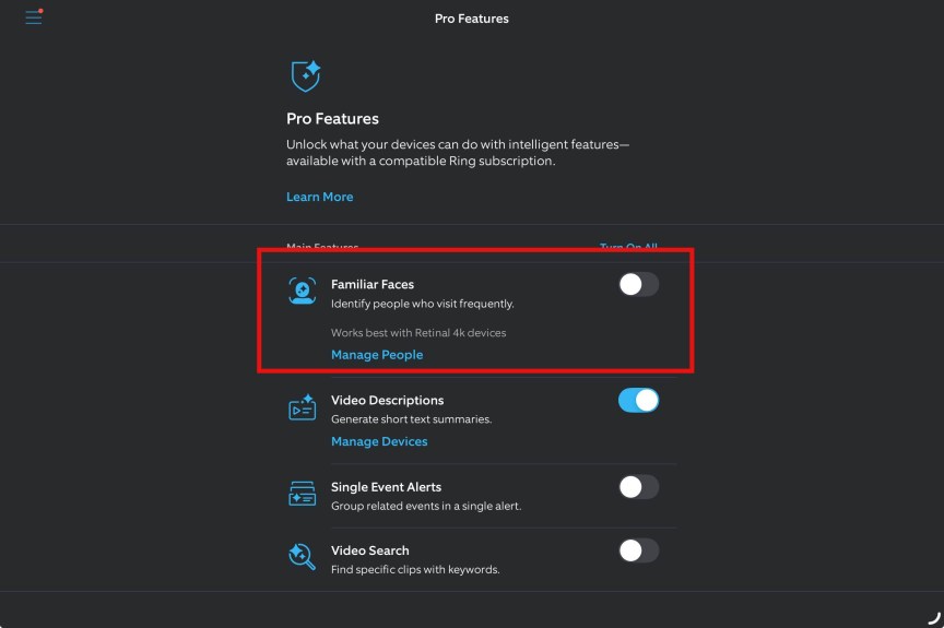 Ring's app showing Familiar Faces toggle.
