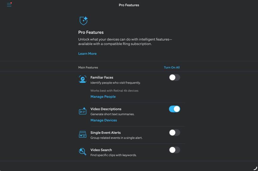 Ring's app showing Pro Features toggles.