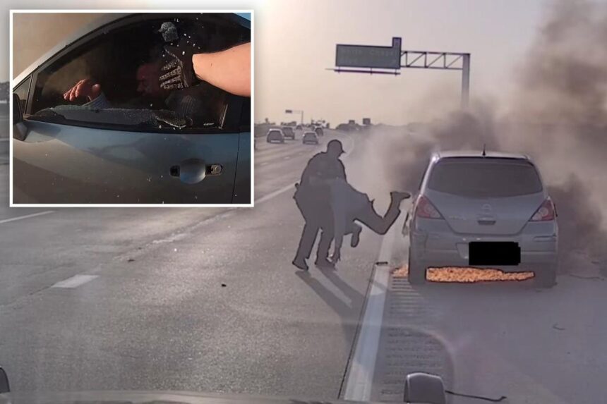 Texas cop saves driver from burning car moments before it goes up in flames: heart-stopping video