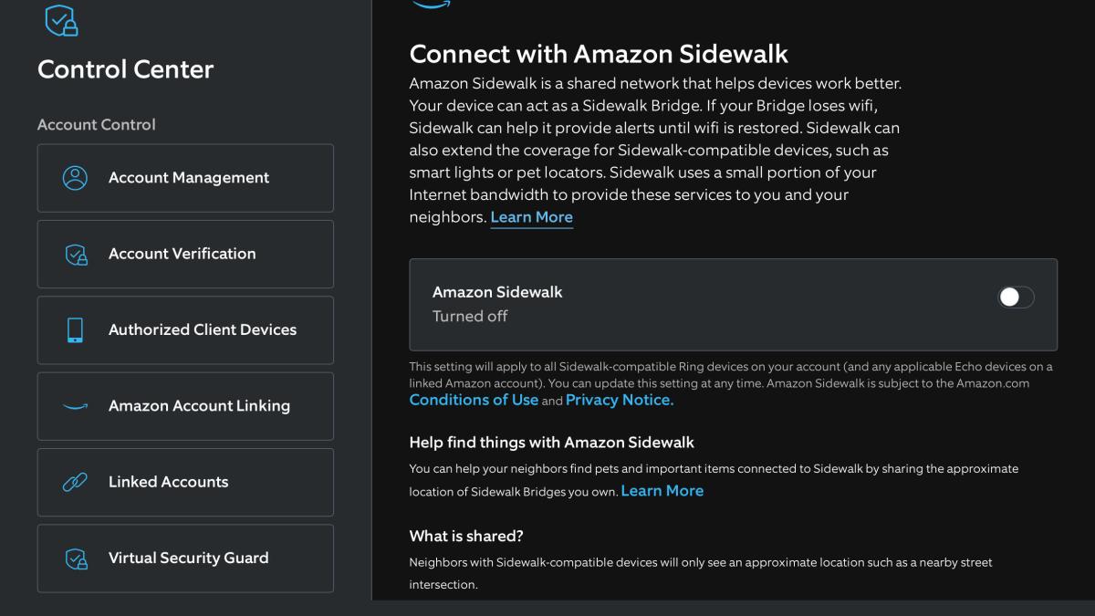 Ring's app showing Amazon Sidewalk settings.