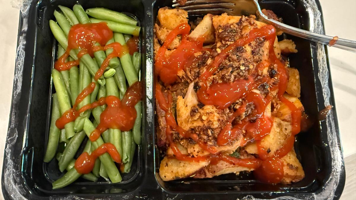 meal with hot sauce drizzled over the top