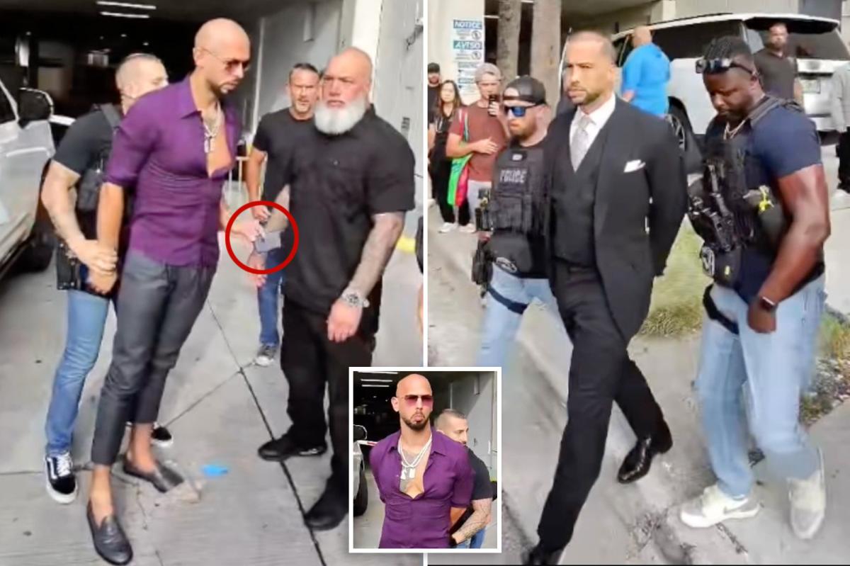 Andrew Tate arrest video shows moment he tried to give phone to bodyguard as he’s cuffed by US Marshals
