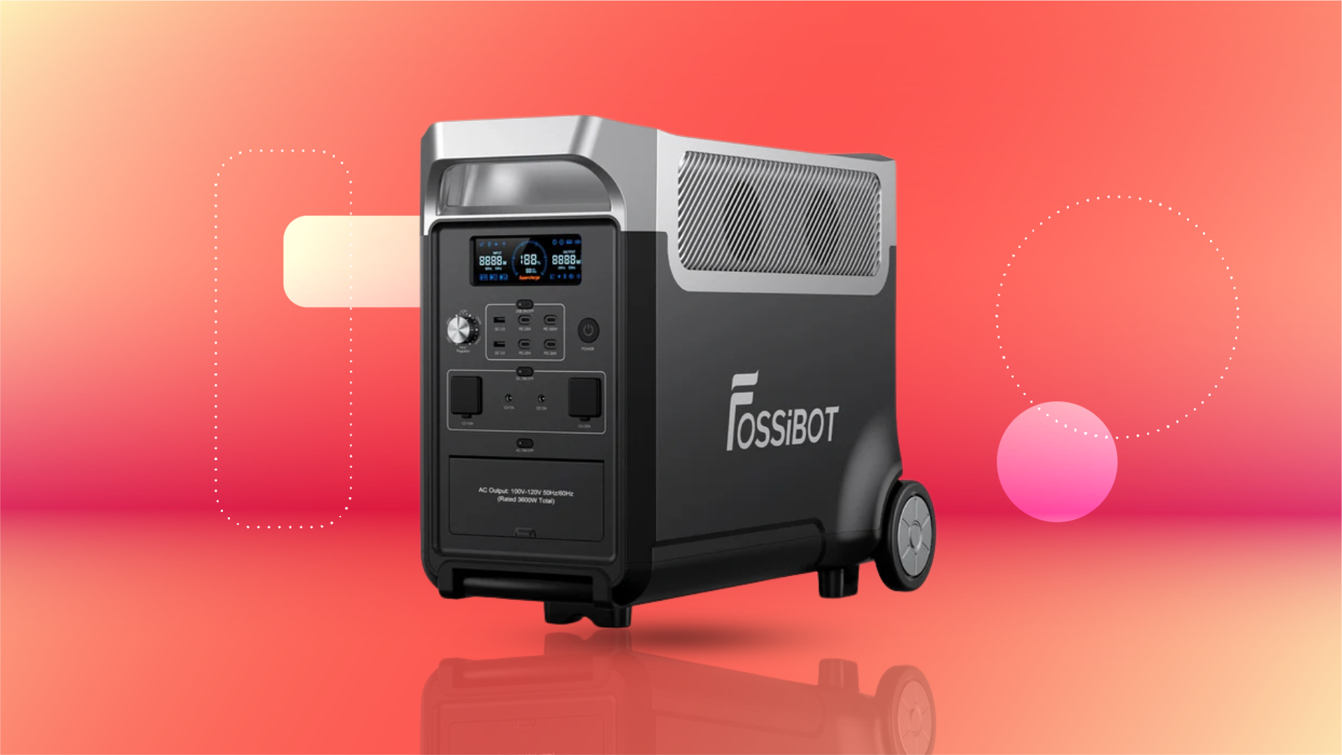 The Fossibot F3600Pro portable power station is displayed against a gradient orange and red background.