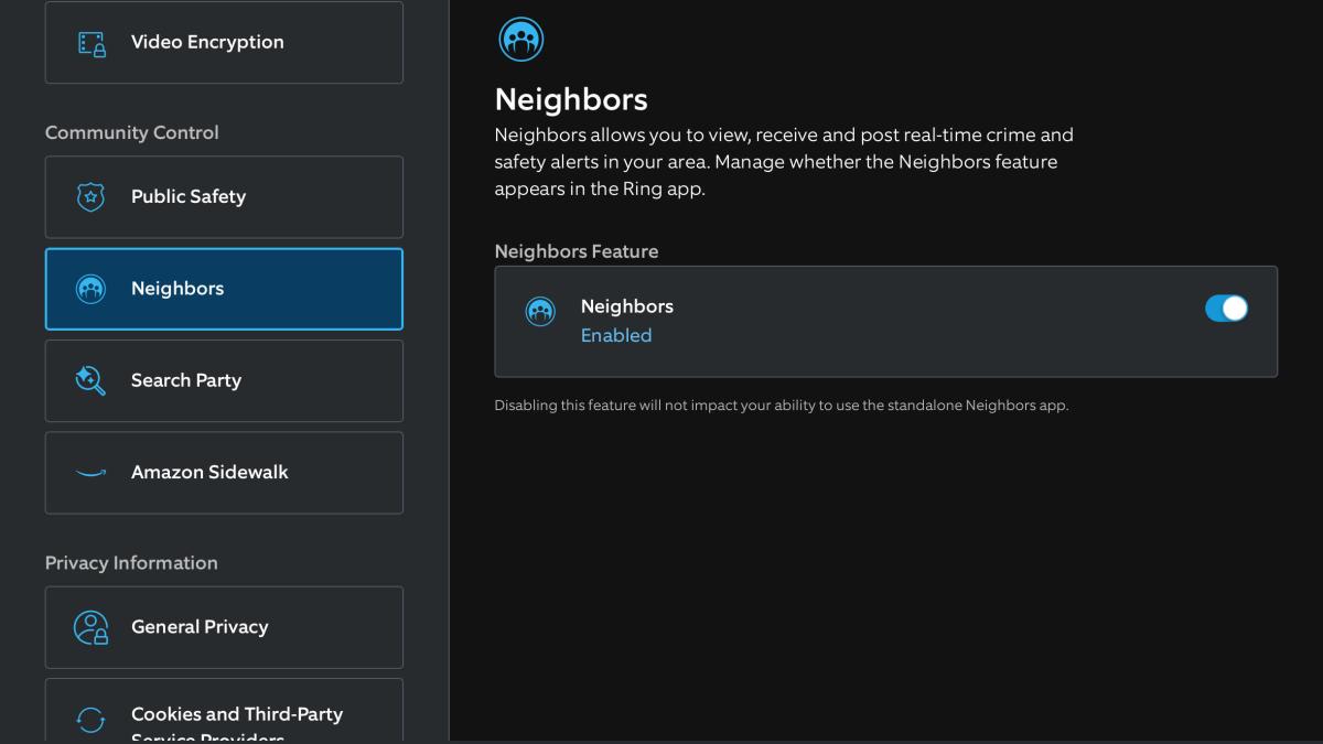 Ring app showing Neighbors toggle switch.