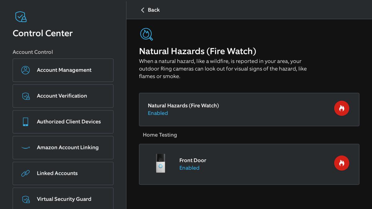 Ring app showing Fire Watch toggles.