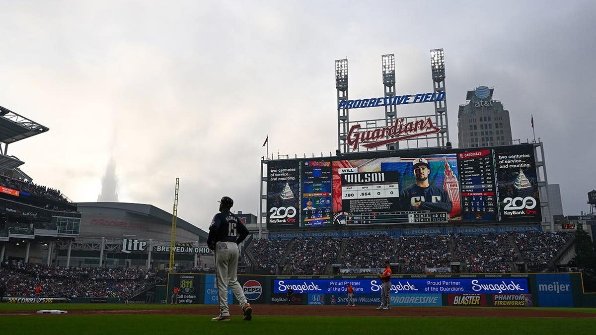 Stadium view with smoke covering the sky over Progressive Field.