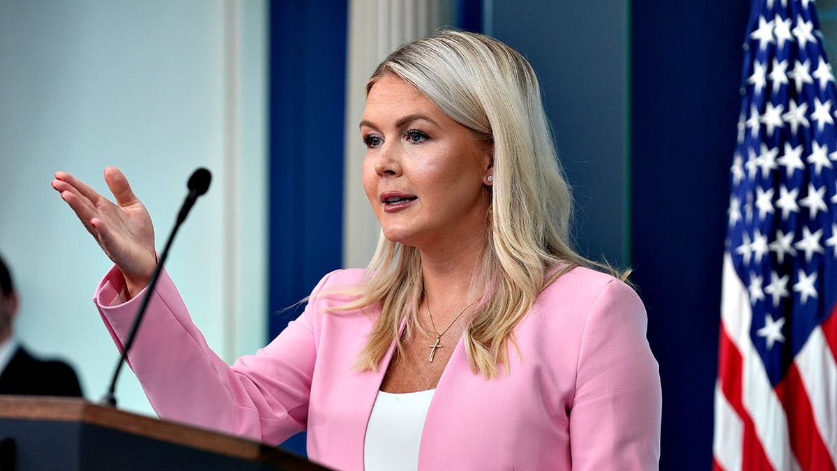 Karoline Leavitt speaks with reporters in the briefing room.