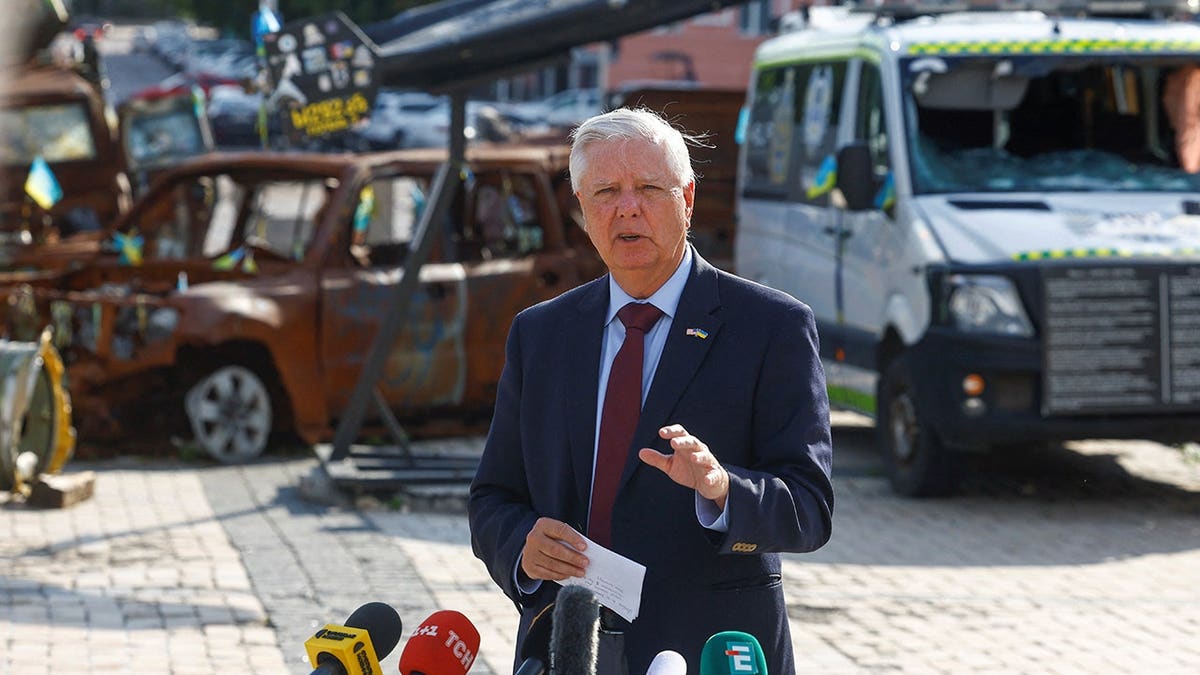 A picture taken on July 10, 2026 shows U.S. Senator Lindsey Graham (R-SC) speaking to the media after his meeting with Ukraine's President Volodymyr Zelenskiy, amid Russia's attack on Ukraine, in Kyiv, Ukraine