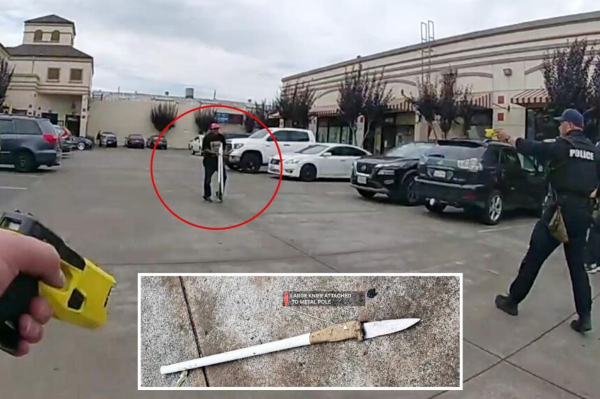 Dramatic moment police gun down spear-wielding maniac on California street
