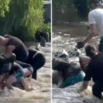 Woman miraculously survives being sucked through flood tunnel as rescuers become victims themselves trying to pull her out