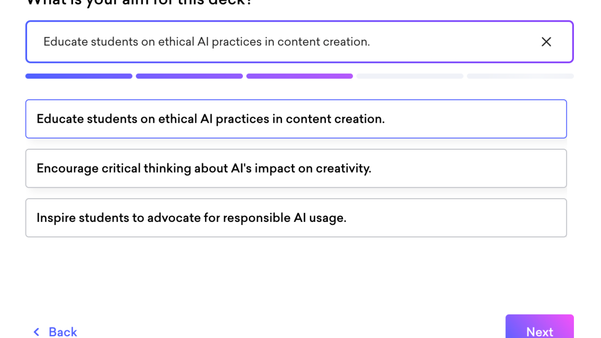 A screenshot of an AI tool called Gamma asking questions on what your aim is for the slide deck you're creating