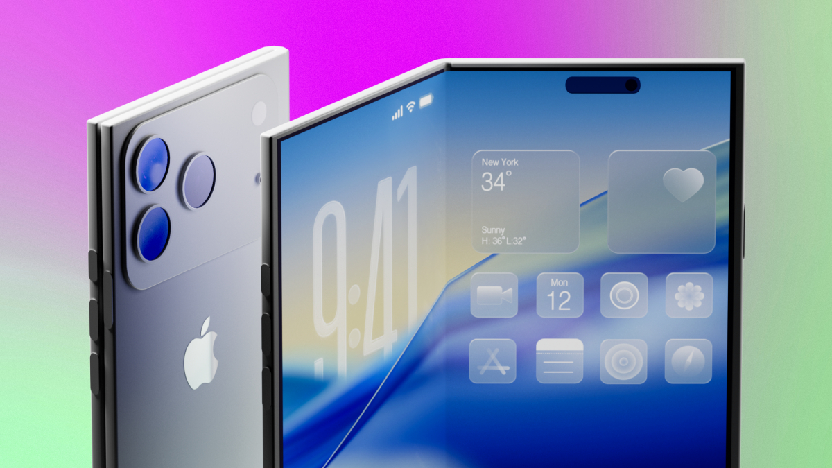 A closed iPhone Fold next to one that's open with its inner screen showing