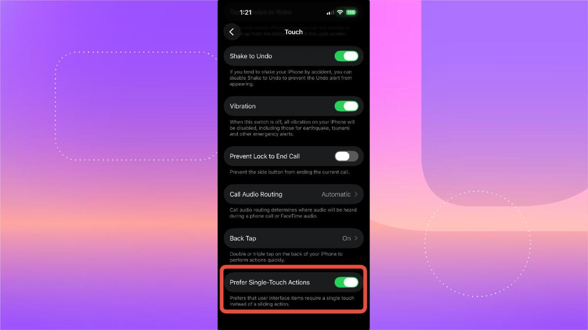 The Touch menu with Prefer Single-Touch Actions outlined in red.