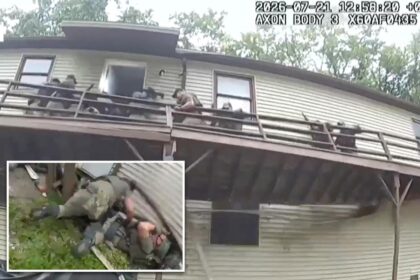 Harrowing video shows US Marshals plunge several feet when deck collapses at home of convicted sex offender