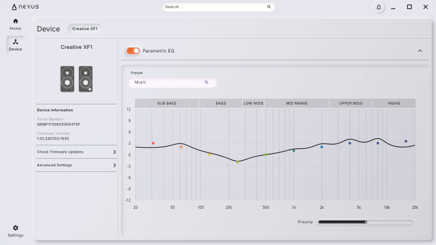 Screenshot of the Creative Nexus app with the default music setting.