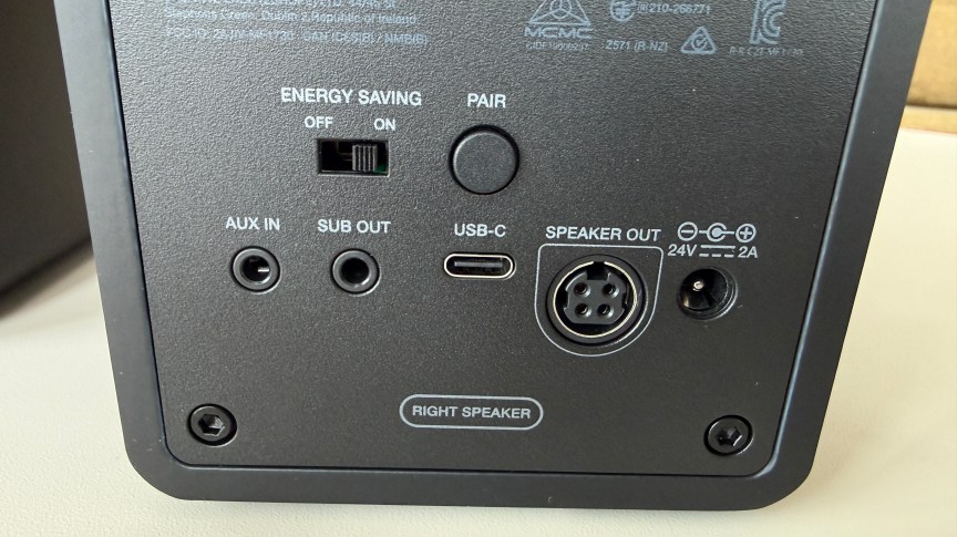 Close up of the back of the Creative XF1 speaker with all its connectivity options including USB-C and an analog 3.5mm input