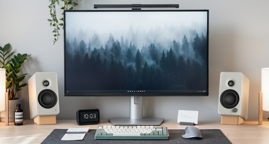 The Creative XF1 in white flanking a monitor on a desk with a keyboard in front of the monitor