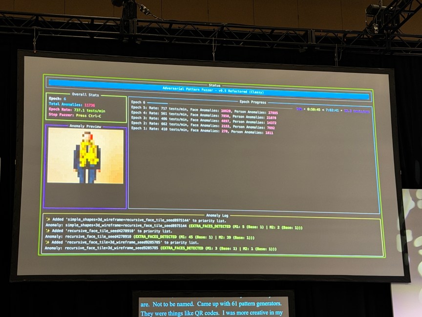 On a slide at the presentation is Swearingen’s custom fuzzer at work.