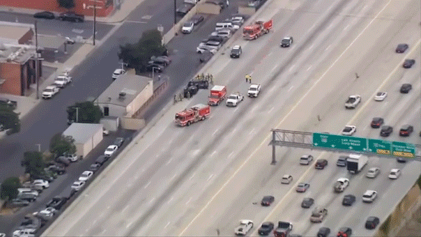 Overturned cars shut down multiple 405 Freeway lanes in West Los Angeles during morning commute