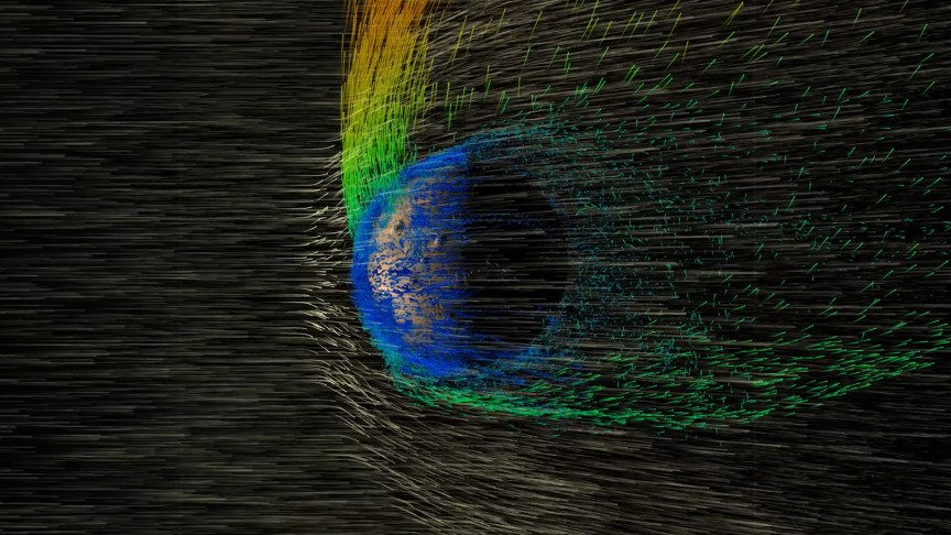 A data visualization of solar winds hitting Mars.