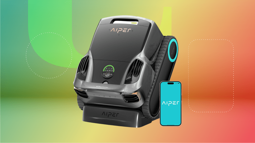 The Aiper Scuba X1 Pro Max pool robot vacuum is shown on a gradient green and red CNET background.