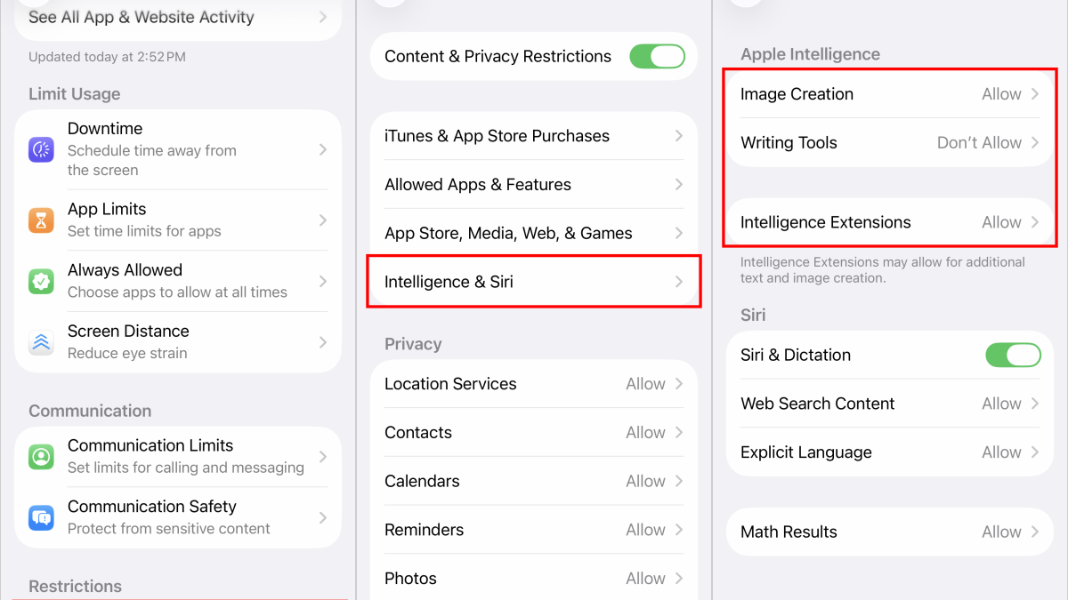 iOS 18 Screen Time settings for turning off Apple Intelligence features.