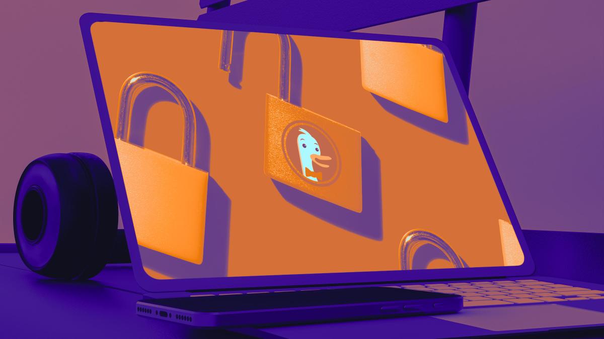 duckduckgo logo on padlock on tablet screen