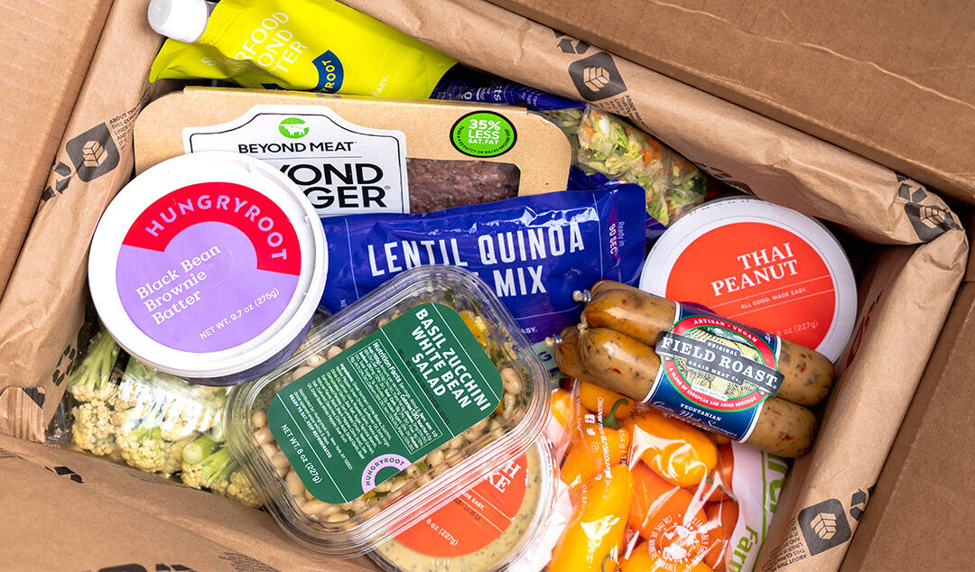 A Hungryroot box full of groceries