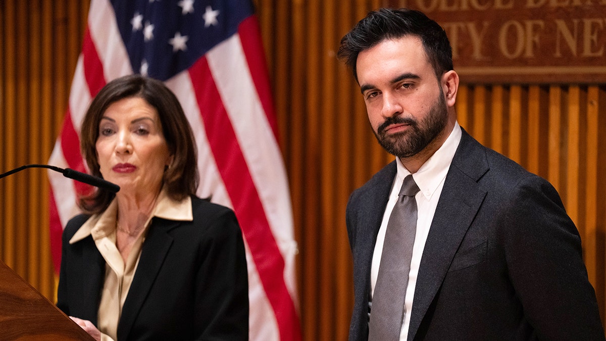 hochul and mamdani speaking during event