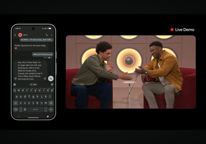 Two men demonstrate a voice capture technology while seated. A live display of the phone they're using appears on the left side of the screen.
