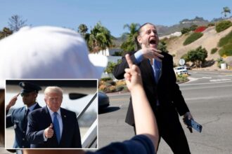 Mom encourages son to give Trump supporters the middle finger in volatile scenes ahead of president’s visit