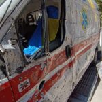 Bullet-riddled Ukrainian ambulance displayed in Lisbon