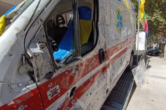 Bullet-riddled Ukrainian ambulance displayed in Lisbon