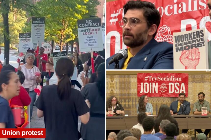Hotel staff protest outside Chicago Hyatt where DSA touting its ‘Workers Deserve More’ program