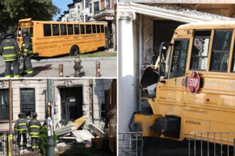 NYC yellow school bus slams apartment building in dramatic scene during morning rush