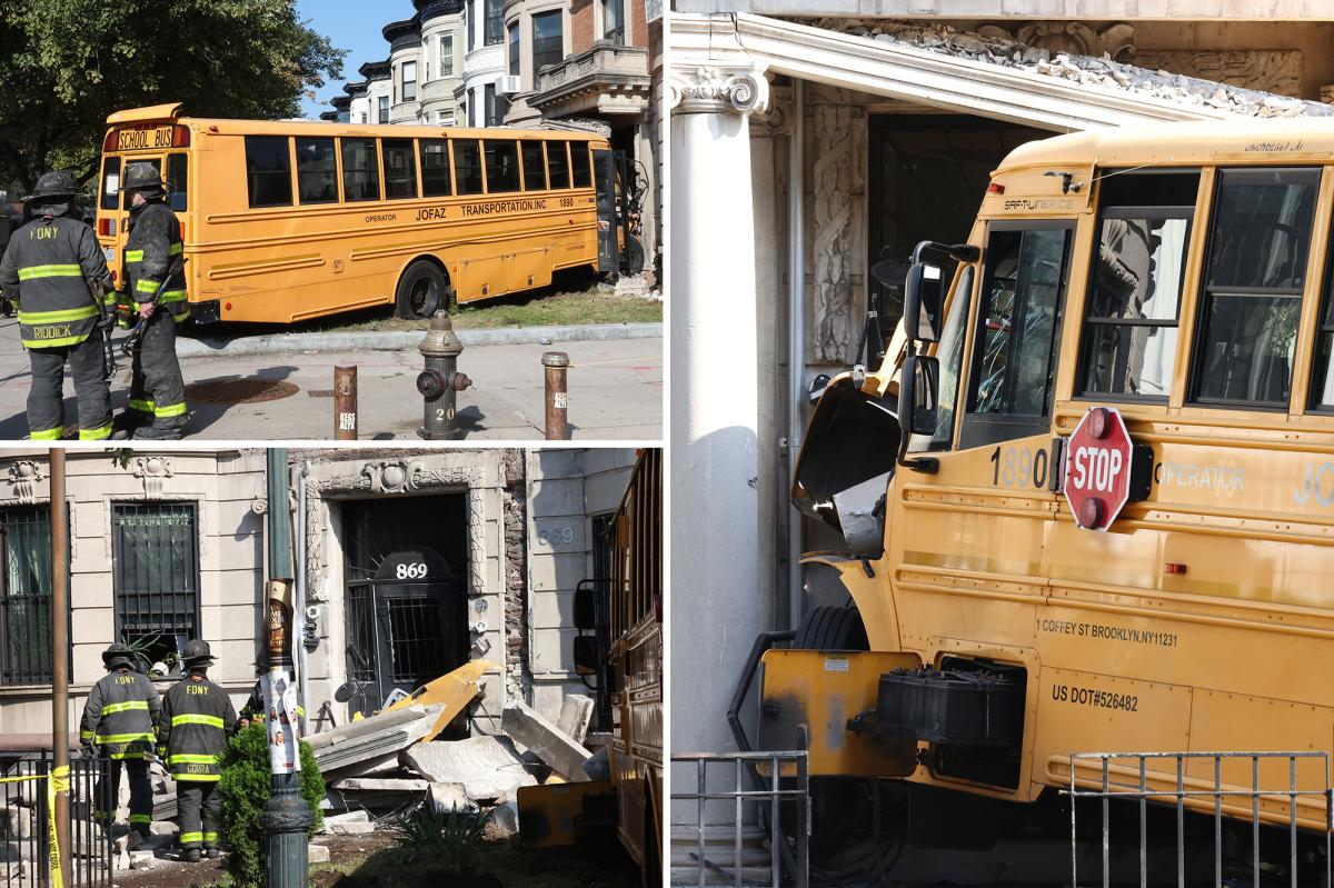 NYC yellow school bus slams apartment building in dramatic scene during morning rush