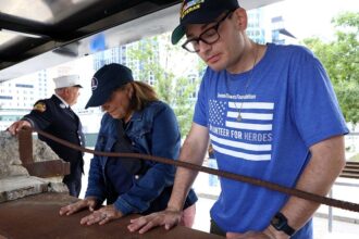 First responders honor World Trade Center beam arriving at Boston fallen heroes memorial