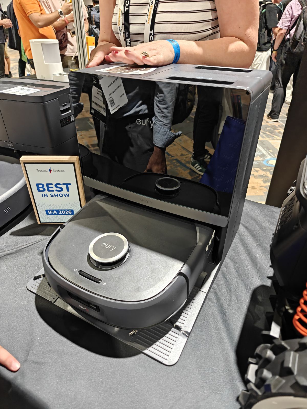 The Eufy robo vac and its docking station. Next to it is a sign that reads Best in Show IFA 2026.