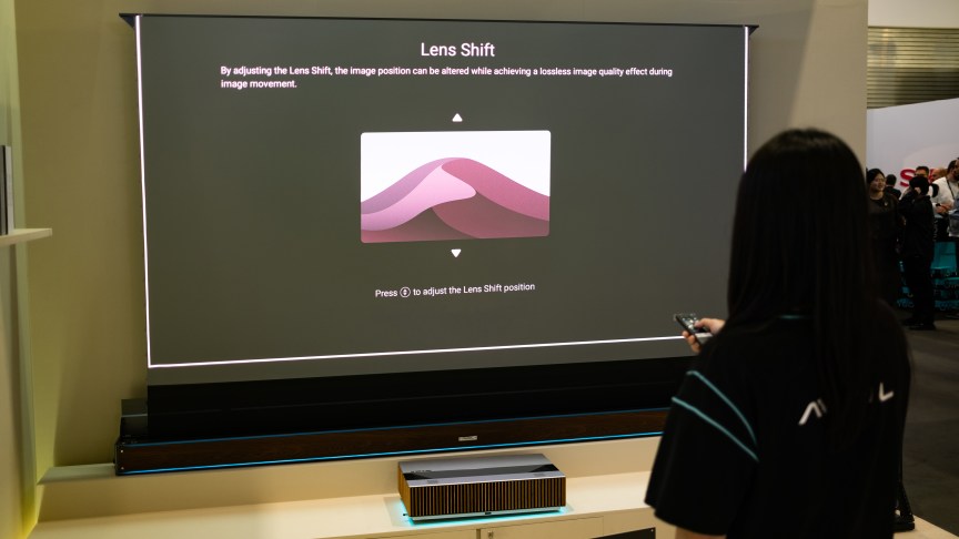 The AWOL Vision LuxVision projector in lens shift mode at IFA 2026.