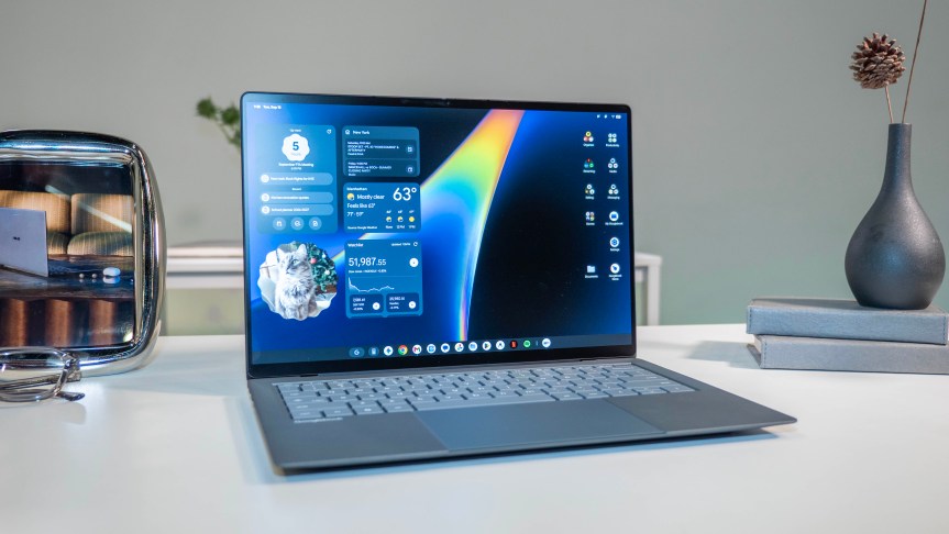 Asus Googlebook 14 sitting on a white desk. 