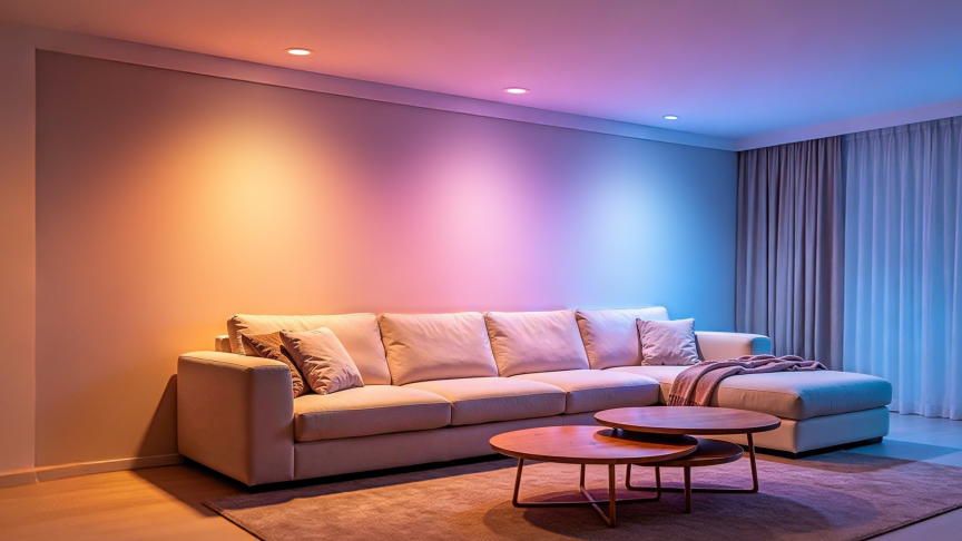 Aqara down lights shine on a sofa.