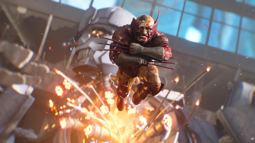 Wolverine, covered in blood with one earpiece missing, flies out of the exploding chest of a giant Sentinel robot